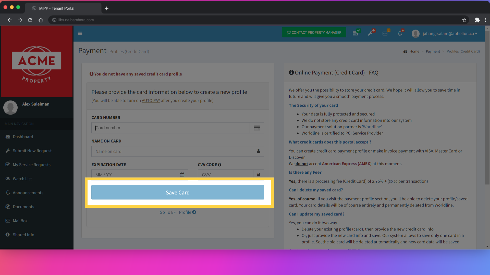 Finally, click on 'Save Card' to save your credit card information securely