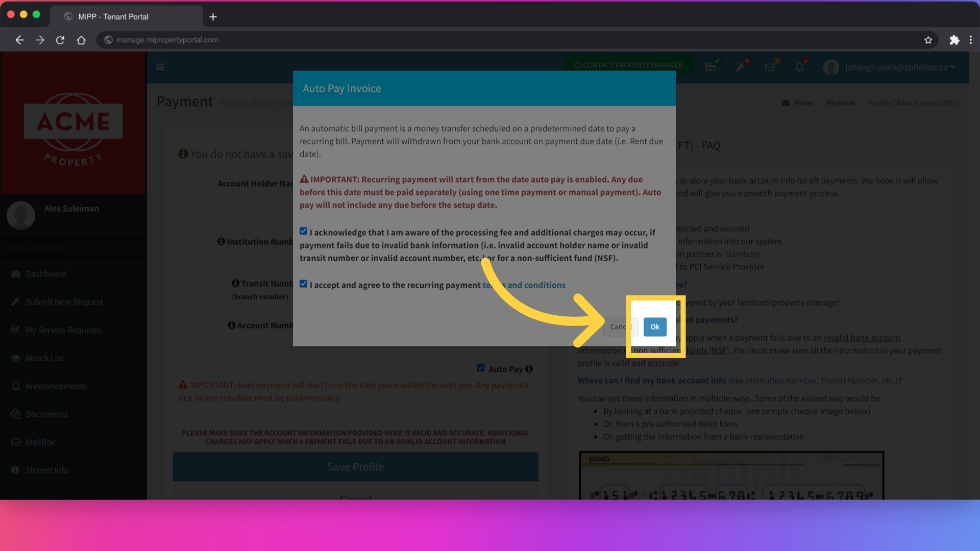 In the pop-up window, ensure all necessary boxes are checked, then click on 'Ok.'