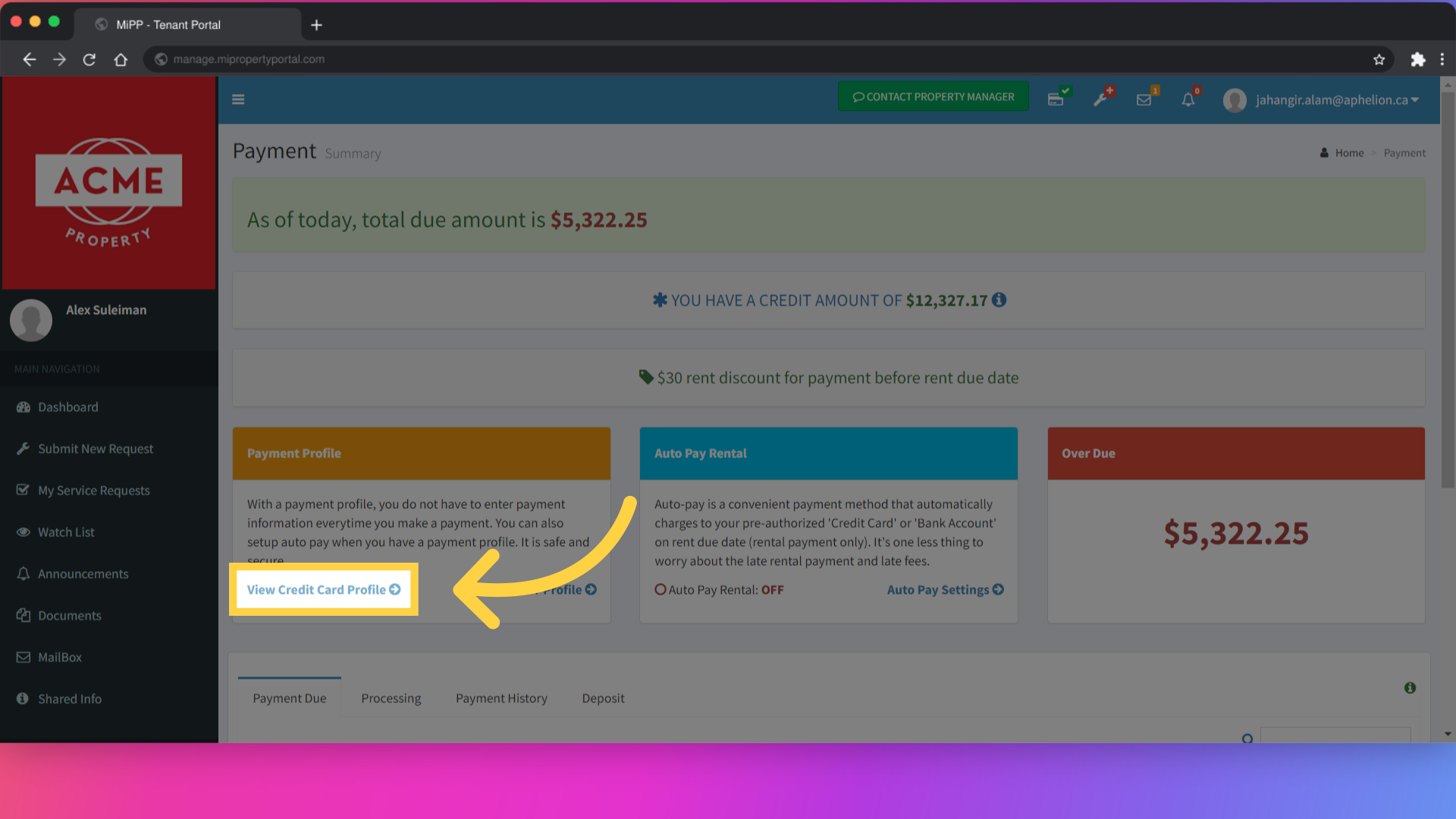 Choose 'View Credit Card Profile' from the available options