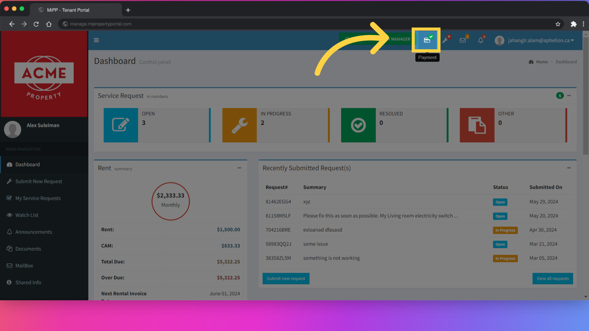click on the 'Payment' icon positioned next to the 'Spanner' icon at the top of your screen