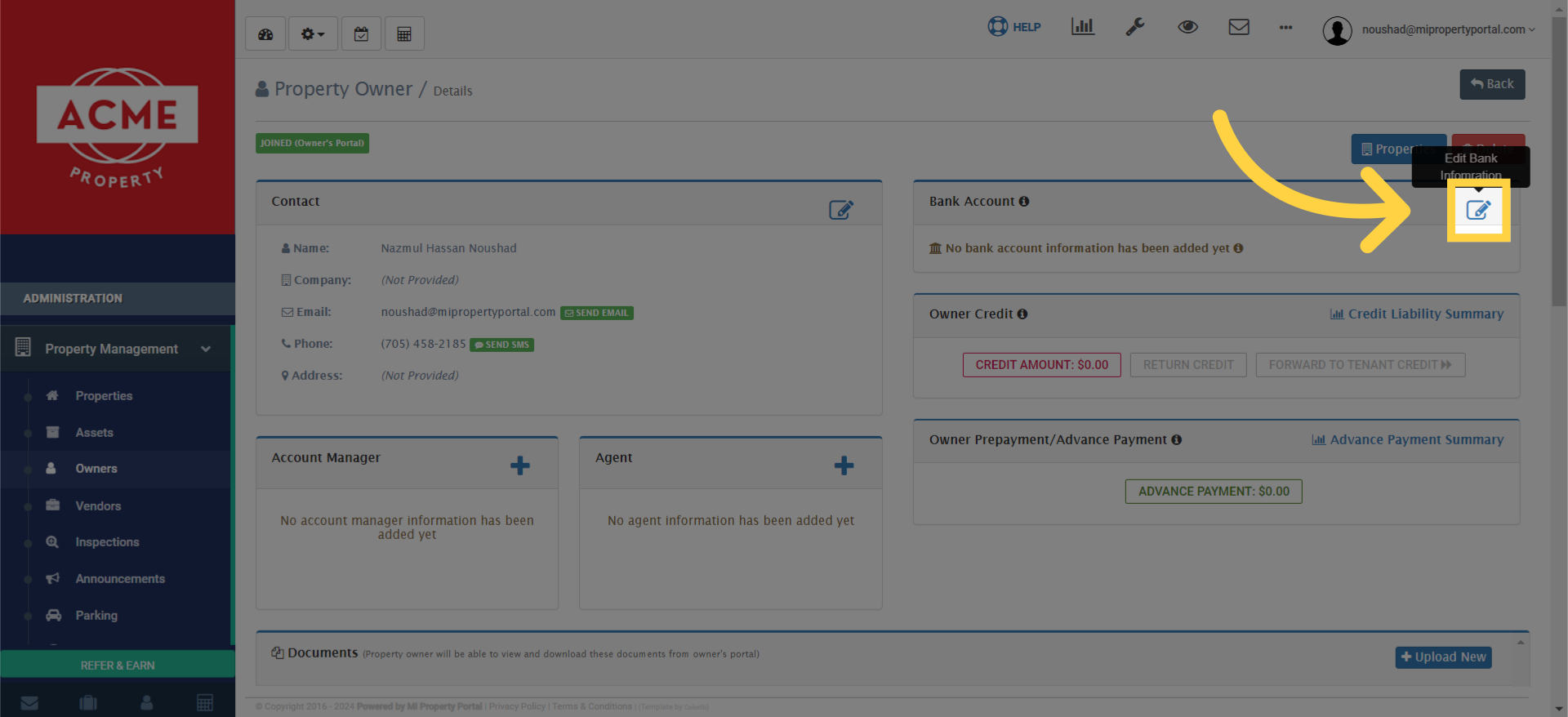 On the Property Owner/Details page, locate the 'Bank Account' section and click on the 'Edit' icon.