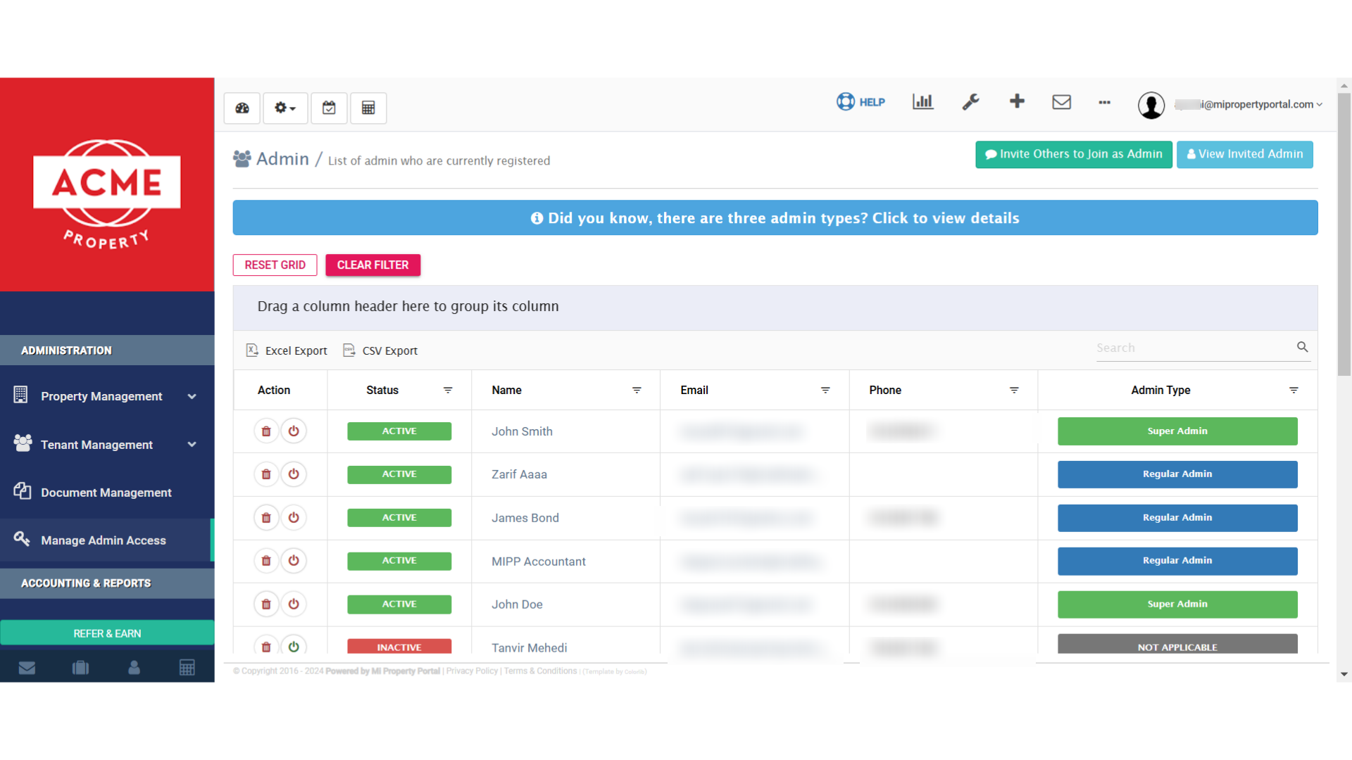 Click 'Admin / List of admin who are currently registered'
