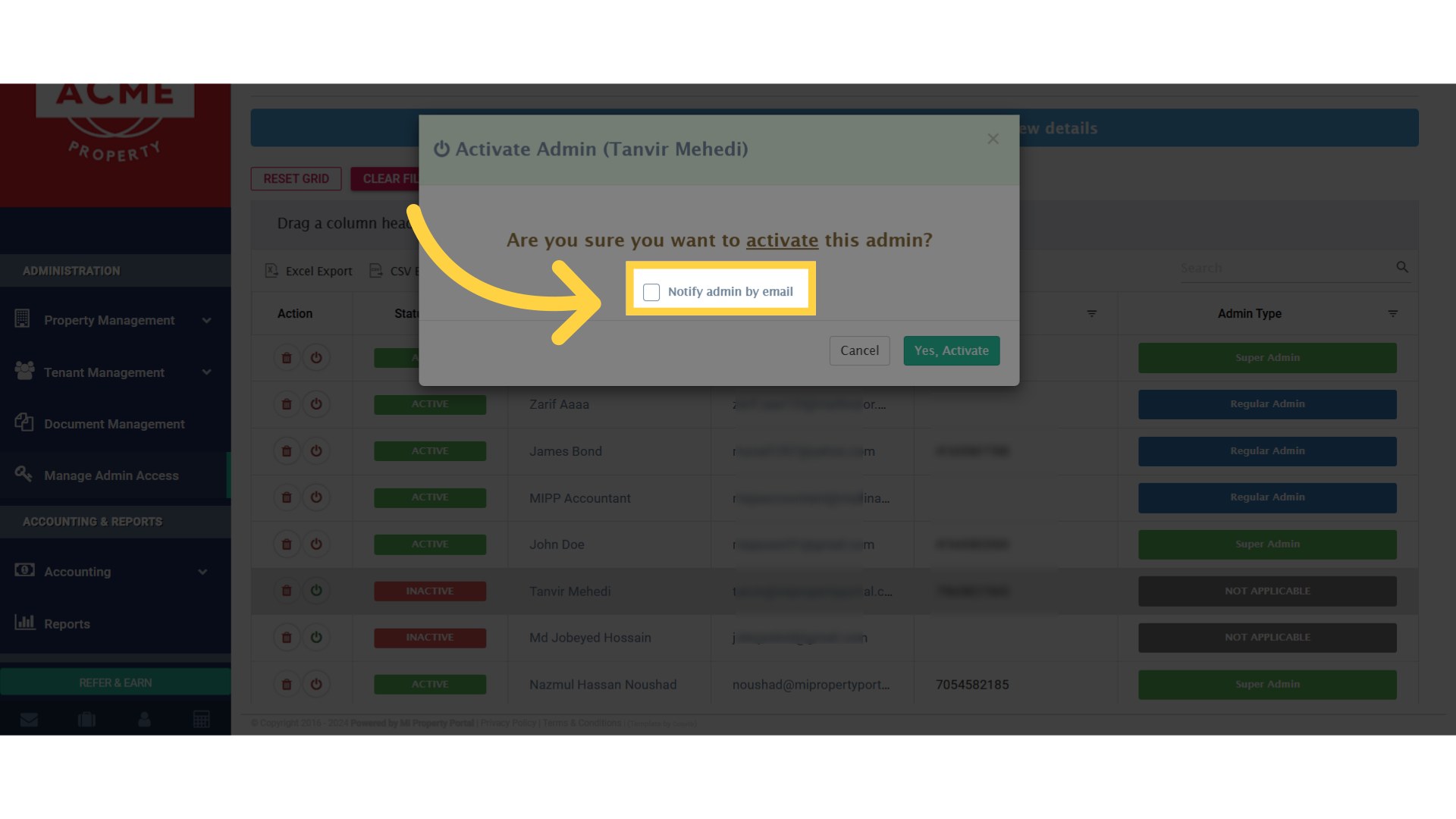 Click 'Notify admin by email'