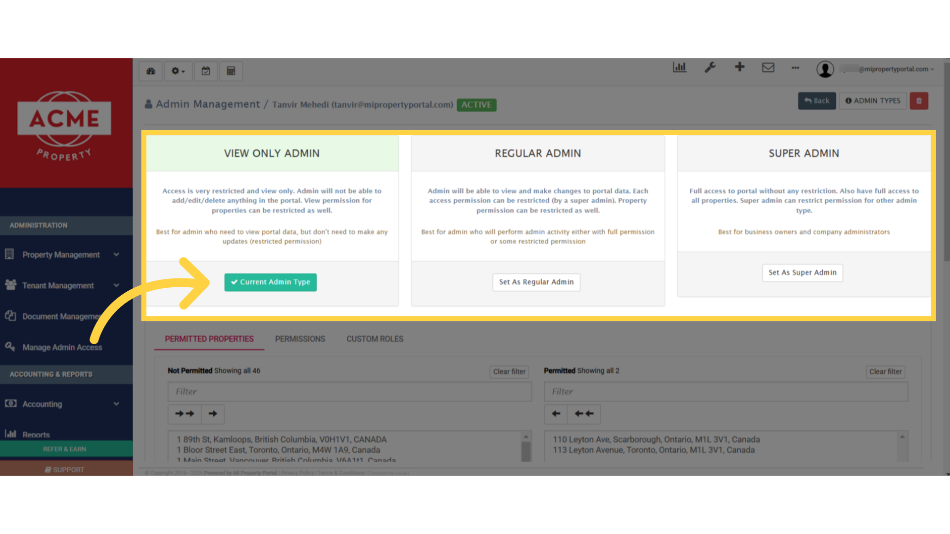 'View Only Admin' is set by default