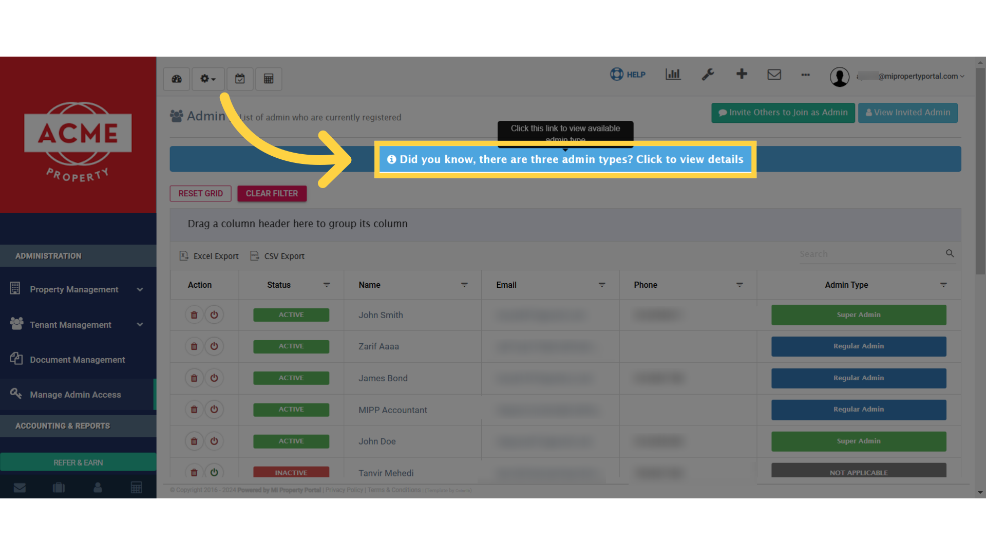 Click 'Did you know, there are three admin types? Click to view details'