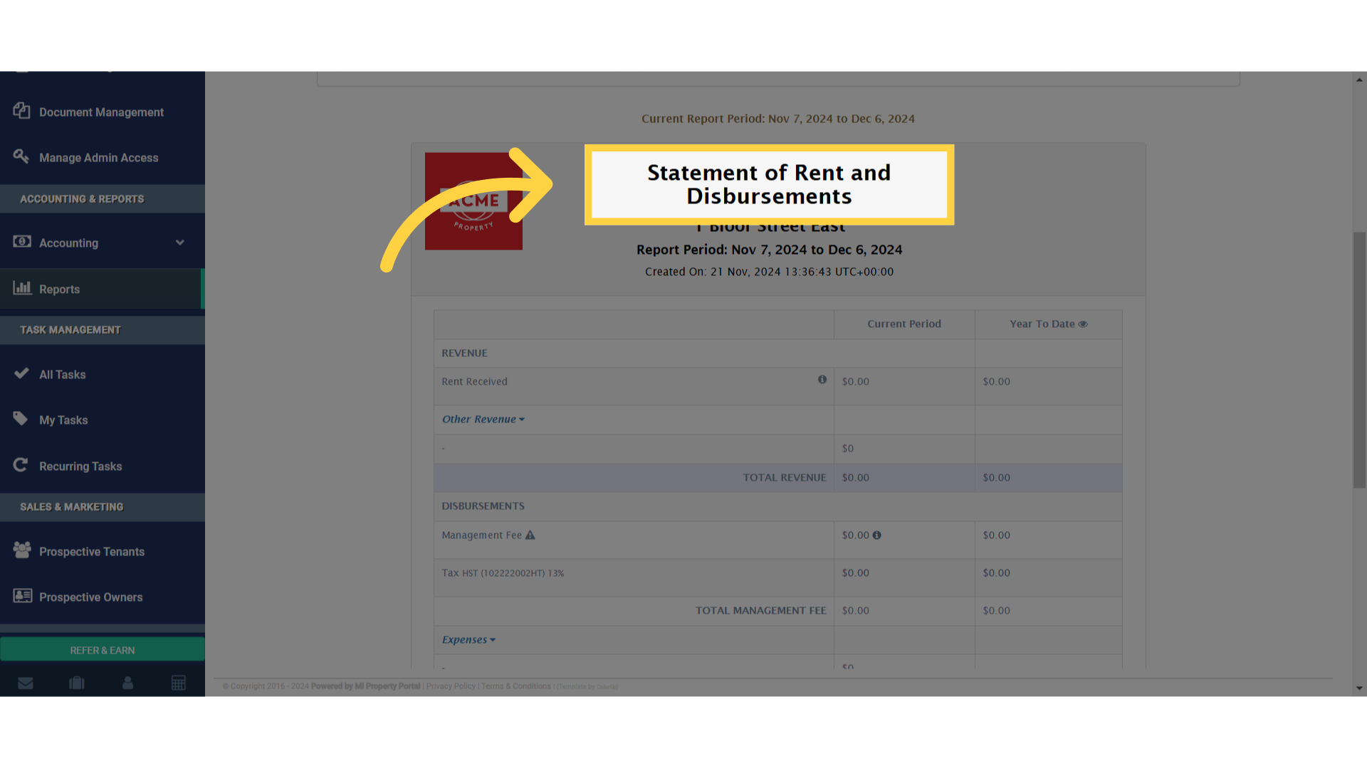 Click 'Statement of Rent and Disbursements'