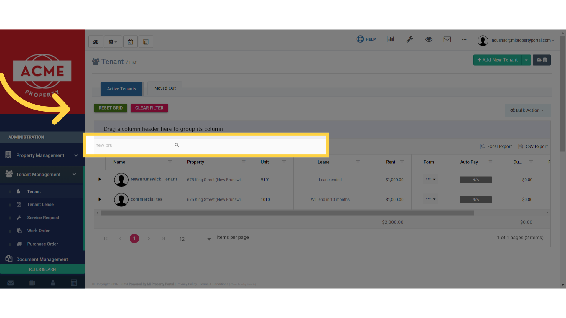 'Search for a specific tenant and click on their name to access their profile.'
