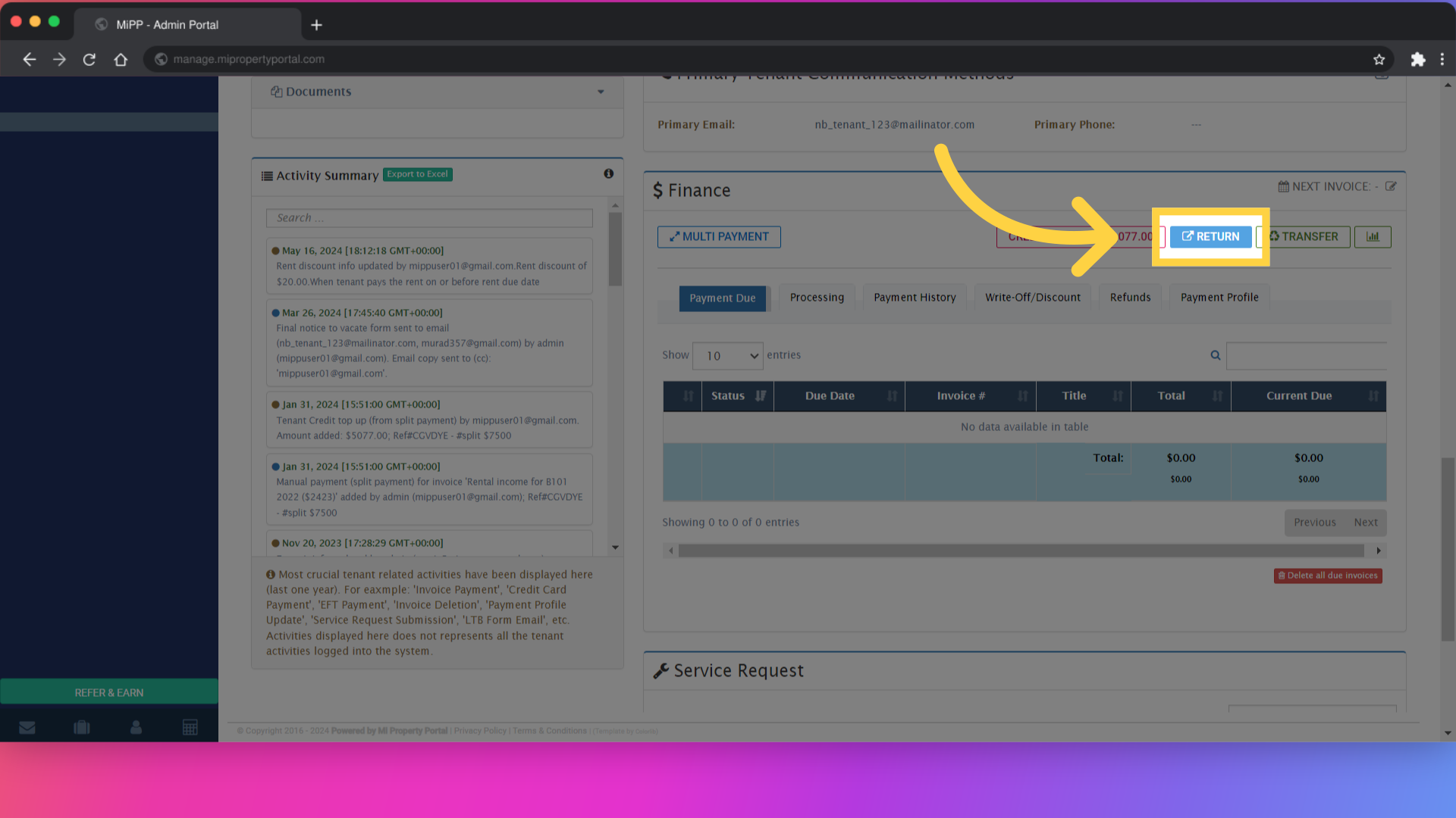 Click on 'RETURN' to initiate the credit return process