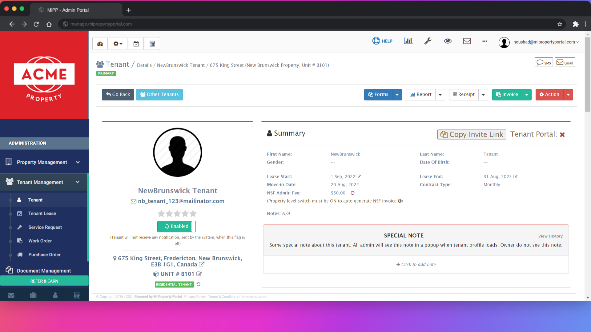 On the Tenant Details page, scroll down to locate the 'Finance' section