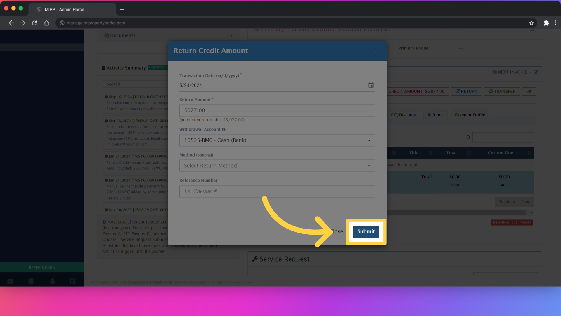 Finalize the credit return by clicking on 'Submit' after verifying all entered information