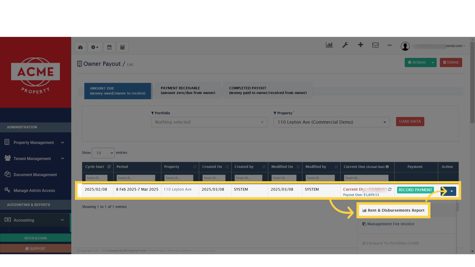 Click on the line item dropdown. Then, select 'Rent & Disbursements Report'