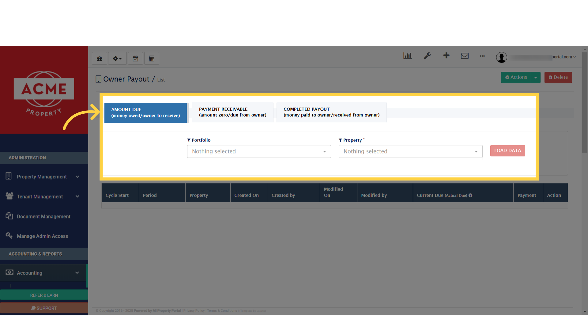 Choose a 'Portfolio' or 'Property' on the 'Amount Due' tab