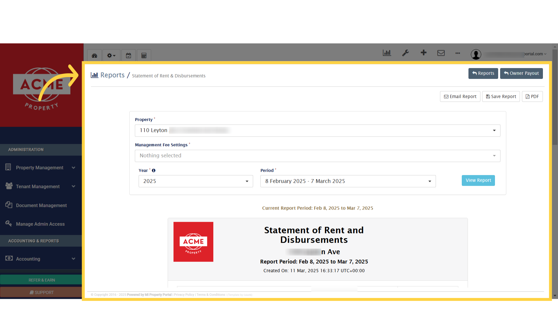 Click 'Reports / Statement of Rent & Disbursements'