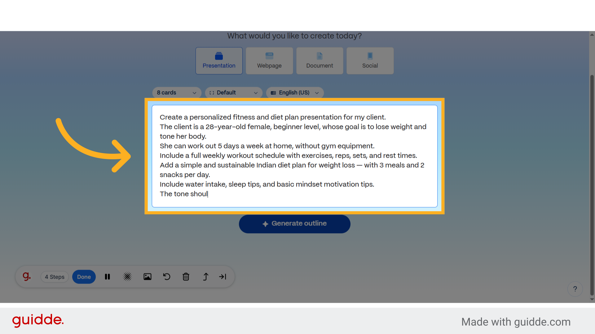 Fill 'Create a personalized fitness and diet plan presentation for my client.
The client is a 28-year-old female, beginner level, whose goal is to lose weight and tone her body.
She can work out 5 days...'