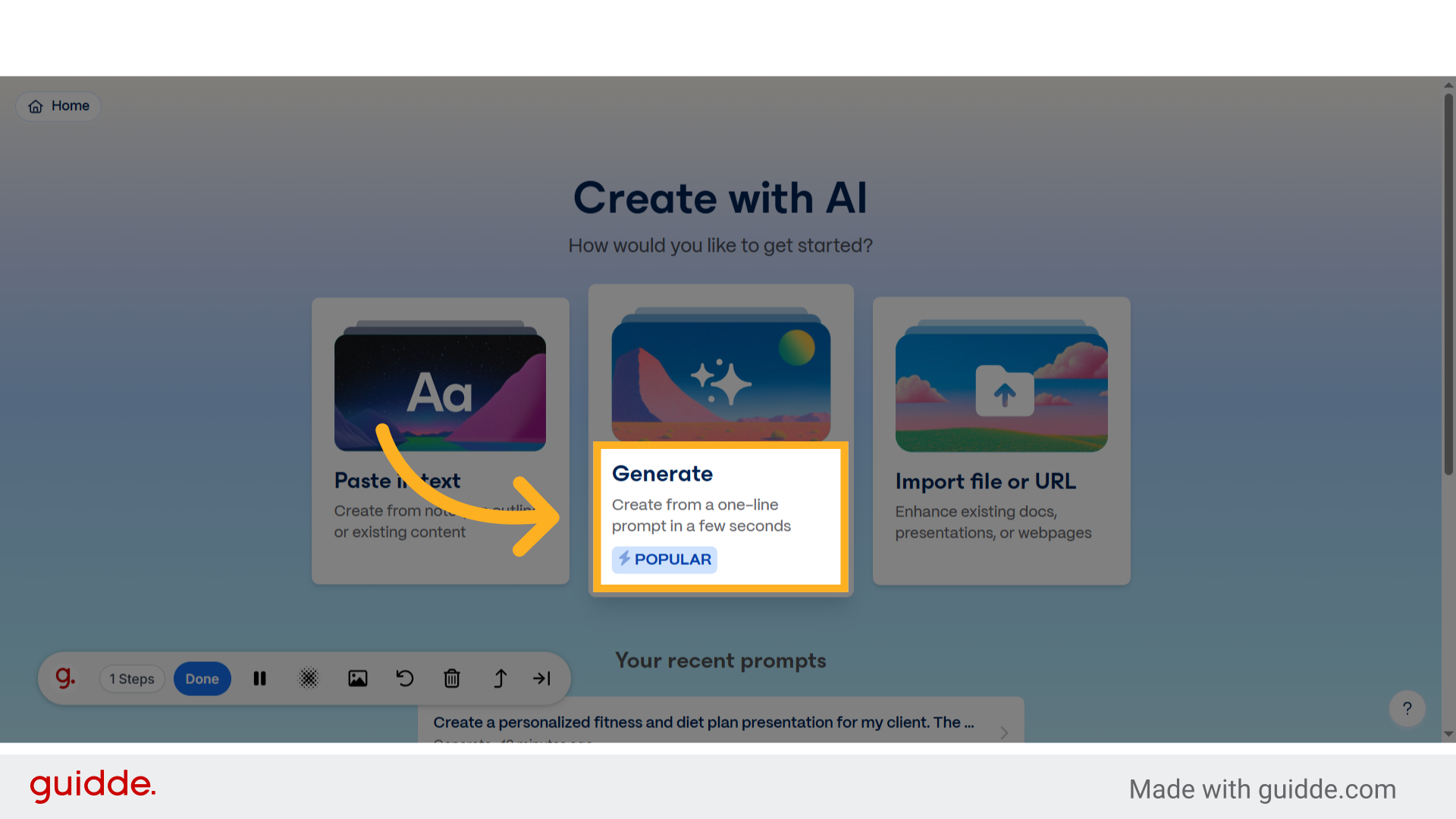 Click 'GenerateCreate from a one-line prompt in a few seconds Popular'