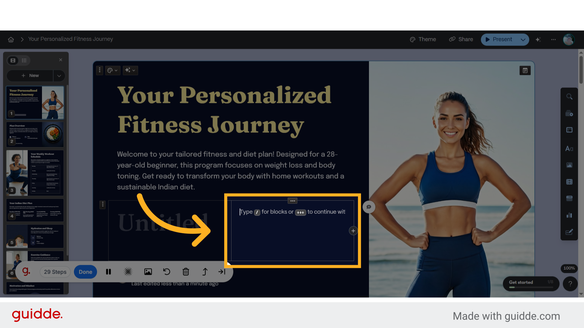 Click '⋯Type / for blocks or +++ to continue with AI'