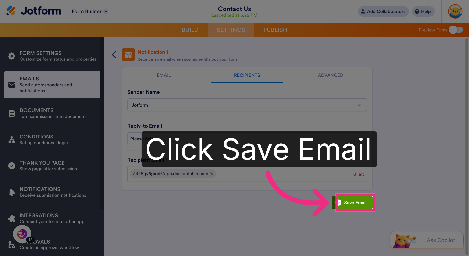 Save Email Settings