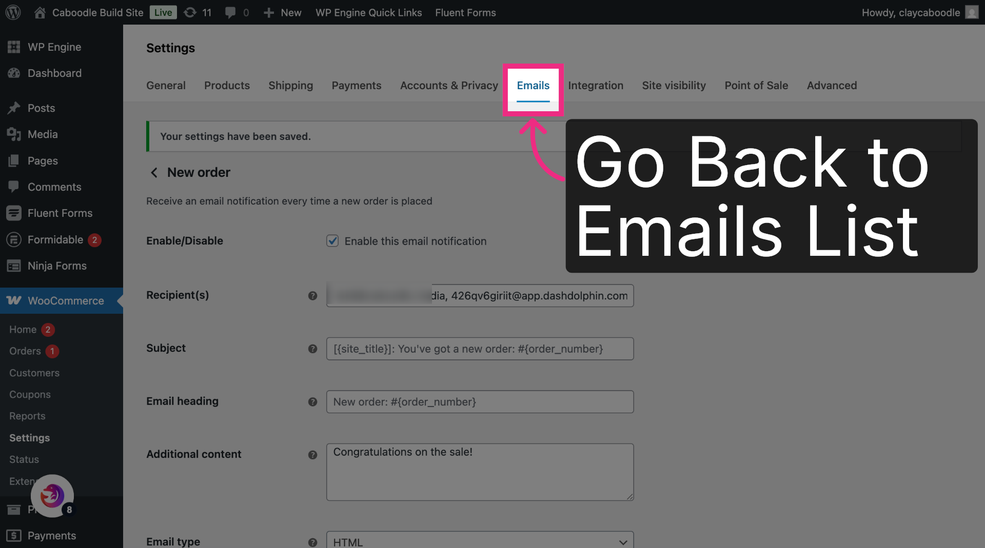 Return to Emails Tab