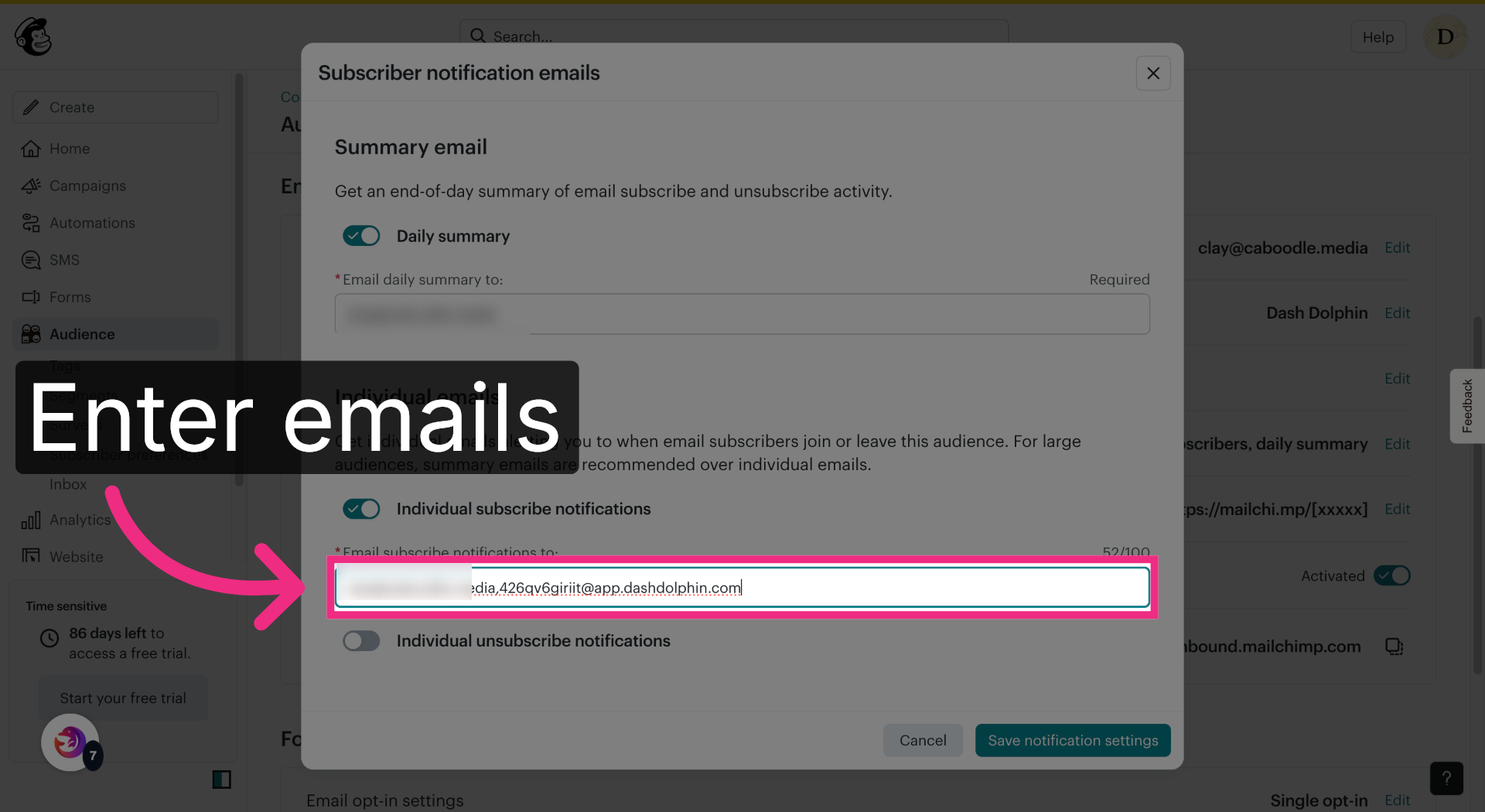 Enter Notification Emails