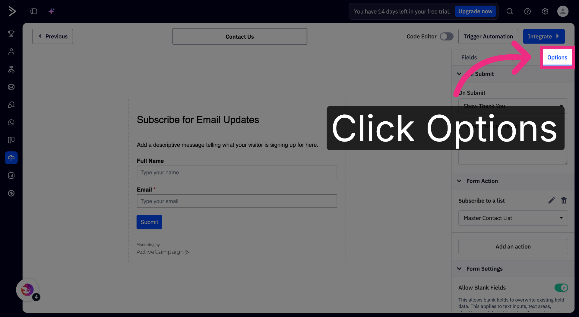 Open Options Tab