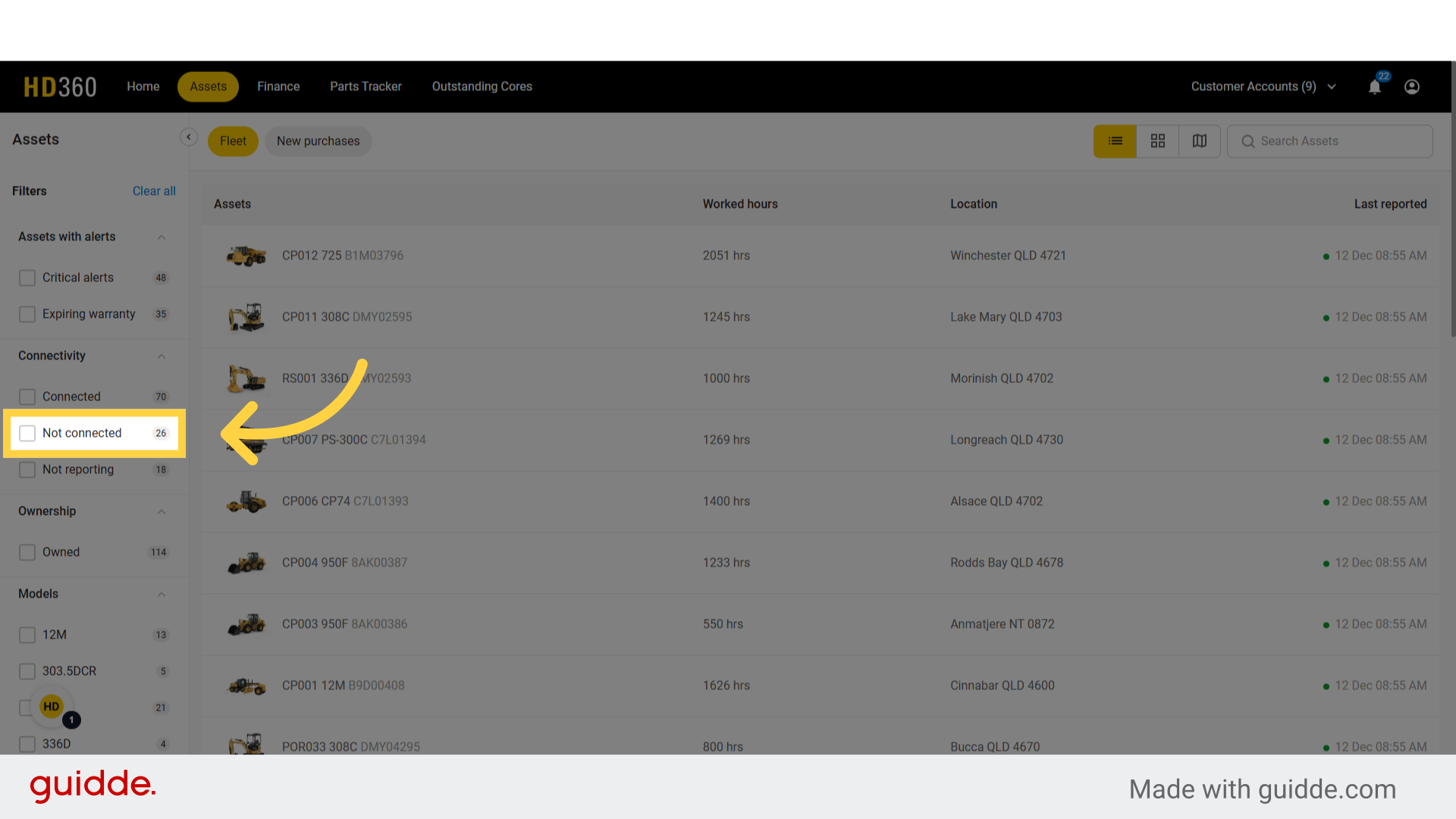Use the filters to find non-connected assets