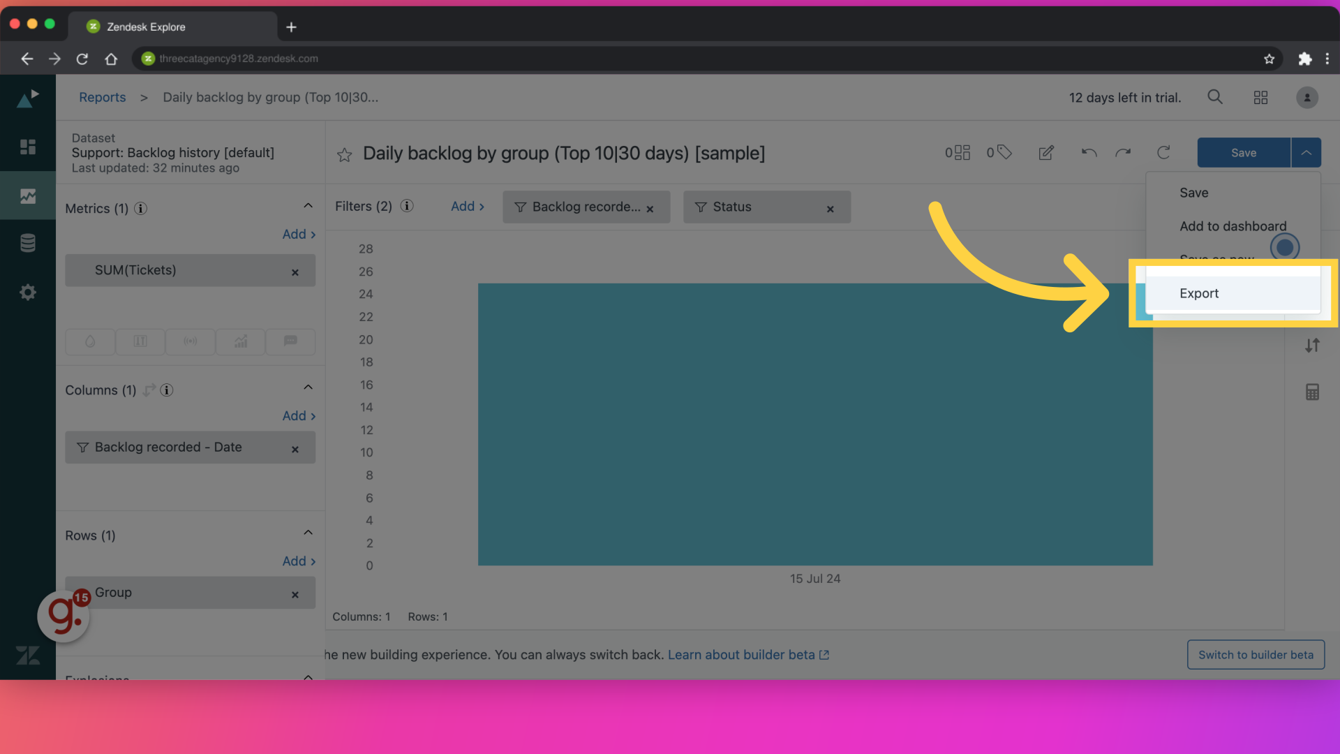 7. Select save and export to download the reports