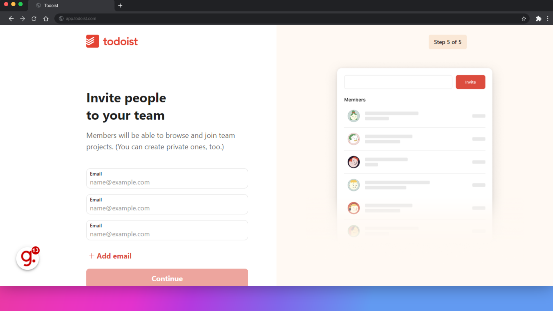 Click 'Invite people  to your teamMembers will be able to browse and join team projects. (You can create private ones, too.)EmailEmailEmailAdd emailContinueCopy invite linkSkip for nowBy creating a team,...'