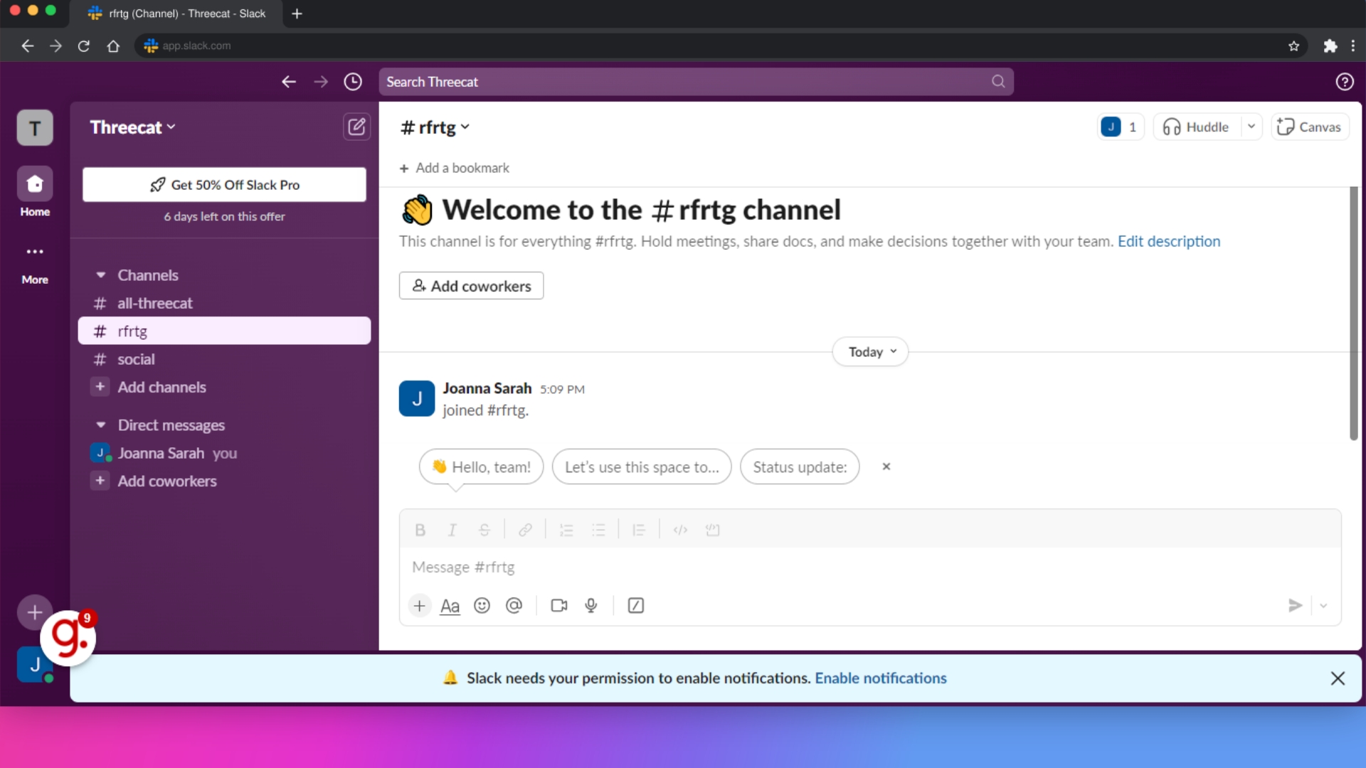 Click '👋 Welcome to the rfrtg channelThis channel is for everything #rfrtg. Hold meetings, share docs, and make decisions together with your team. Edit descriptionAdd coworkers'