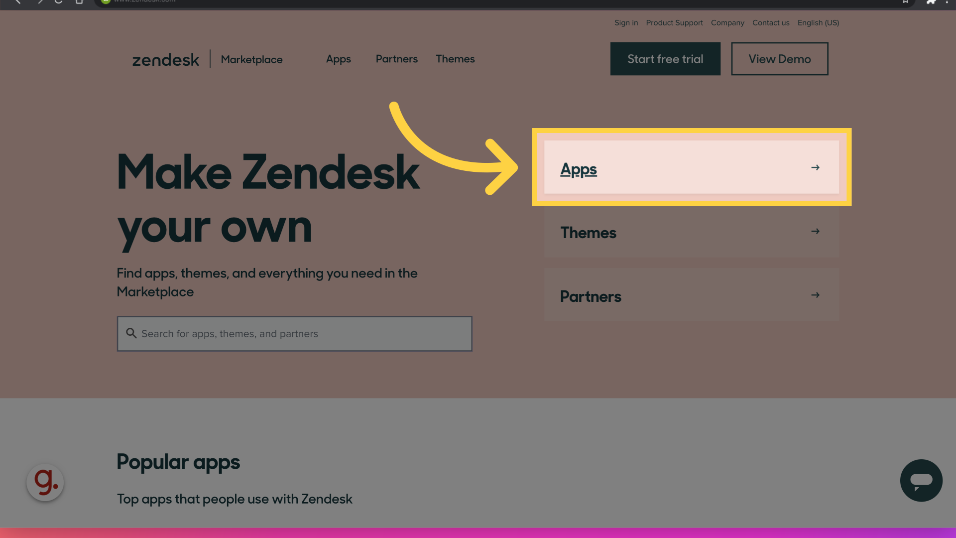 In Zendesk Marketplace, select 'Apps'