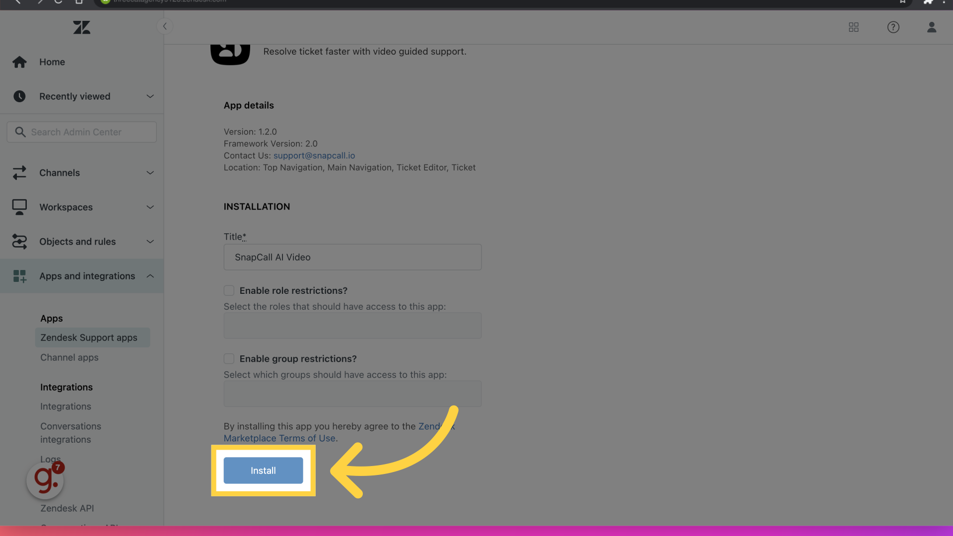 Click 'Install' to integrate the app with your Zendesk account