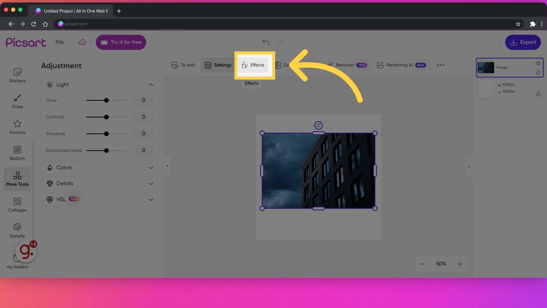 Click 'Effects' to discover filters and effects