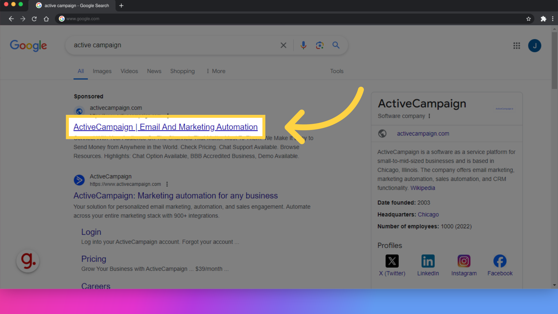 Click 'ActiveCampaign | Email And Marketing Automation'