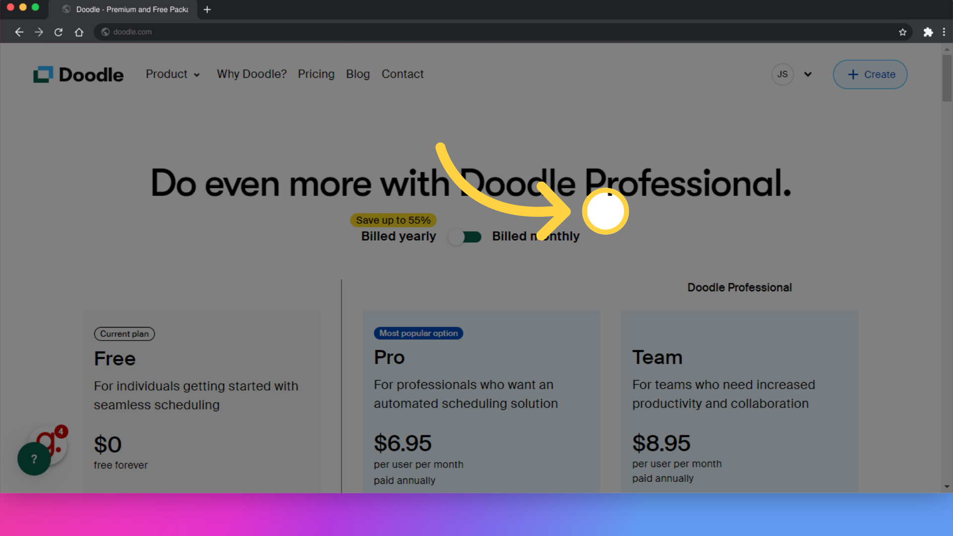 Click 'Do even more with Doodle Professional.Billed yearlySave up to 55%Billed monthlyCurrent planFreeFor individuals getting started with seamless scheduling$0free forever1 userSign upFree...'