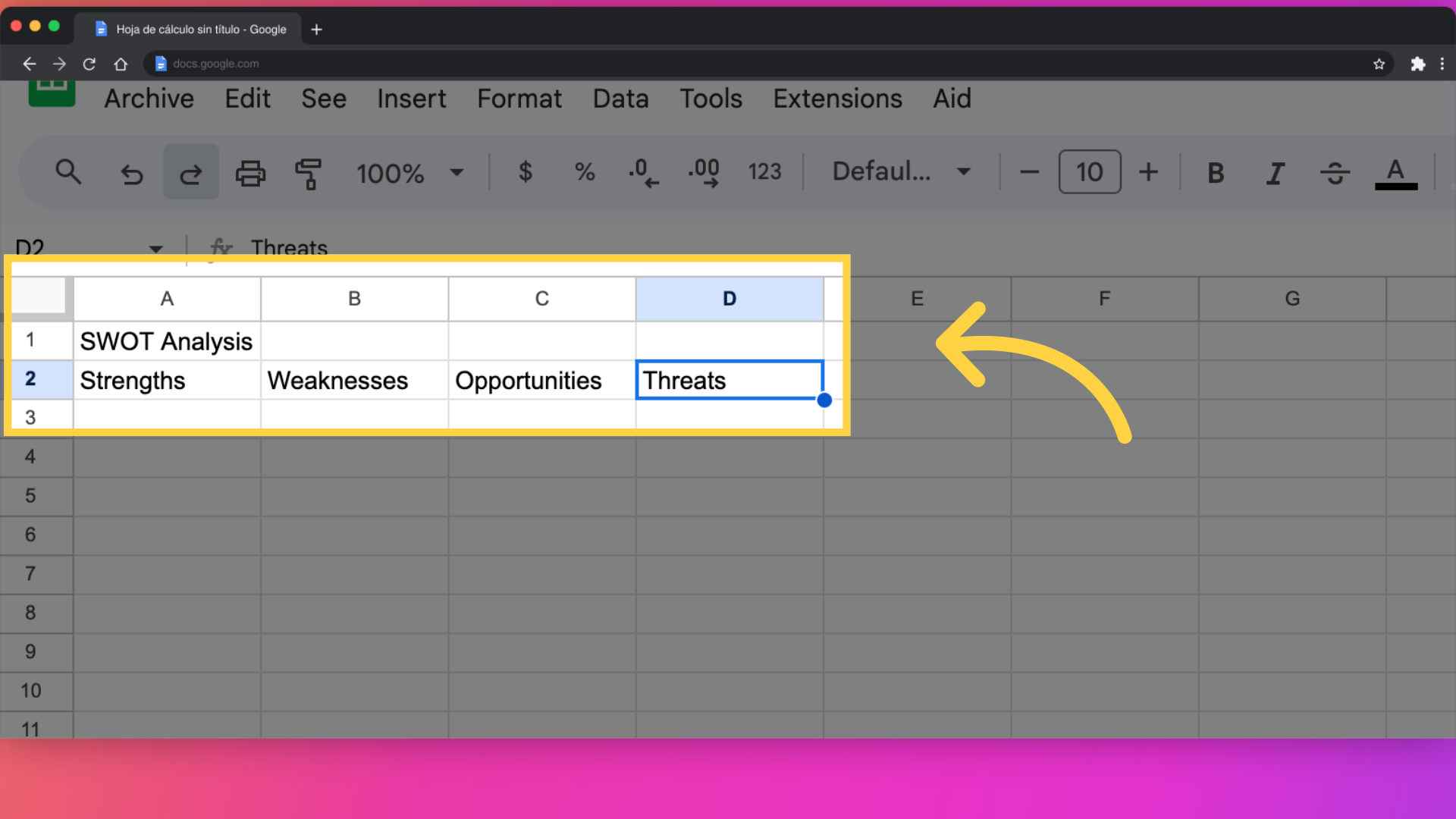 Add and label the columns and rows