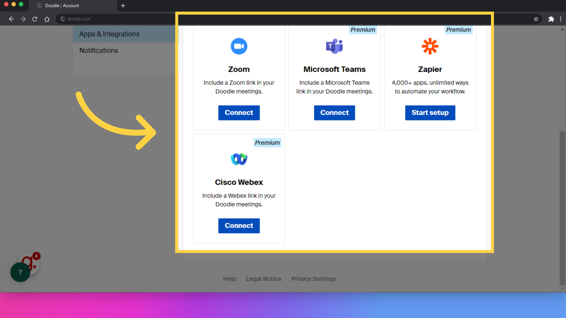 Click 'ZoomInclude a Zoom link in your Doodle meetings.ConnectLoadingIconPremiumMicrosoft TeamsInclude a Microsoft Teams link in your Doodle meetings.ConnectLoadingIconPremiumZapier4,000+ apps, unlimited...'