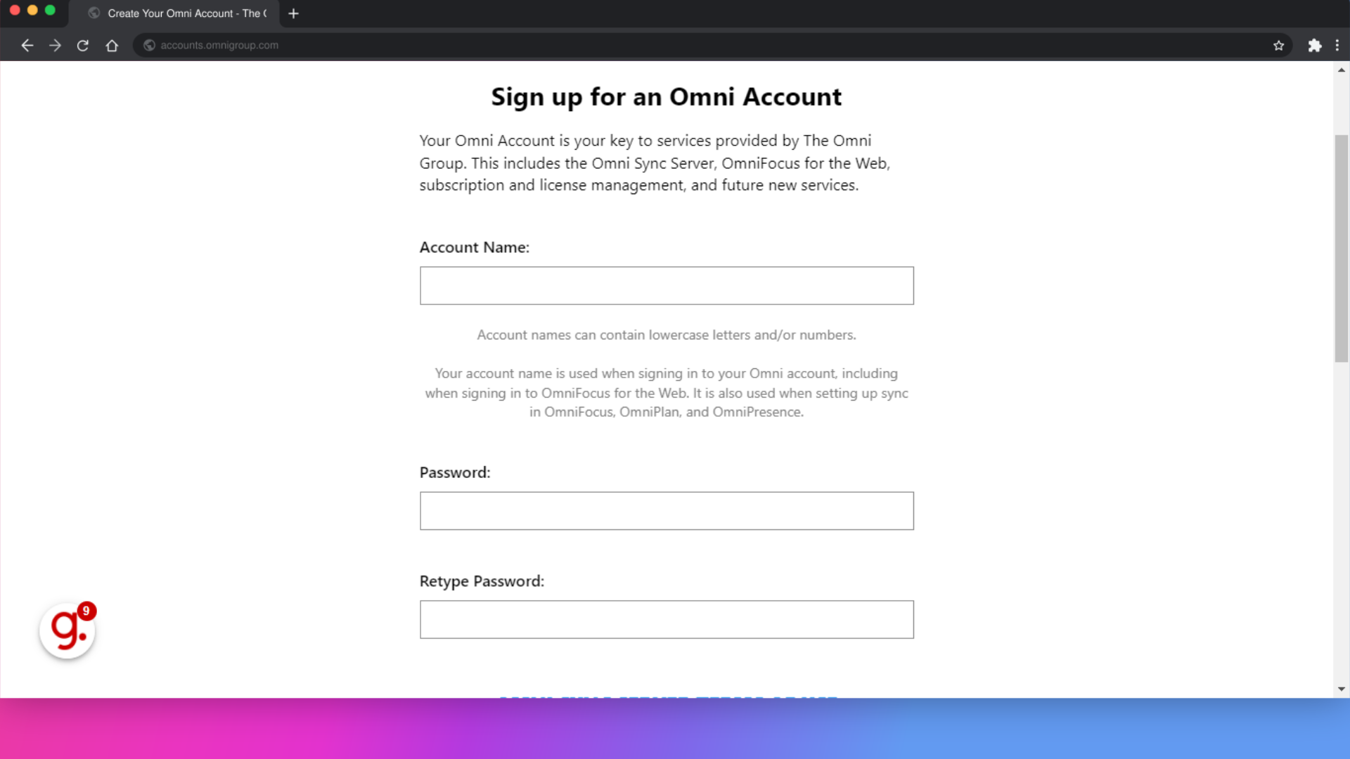 Click 'Sign up for an Omni AccountYour Omni Account is your key to services provided by The Omni Group. This includes the Omni Sync Server, OmniFocus for the Web, subscription and license management, and...'