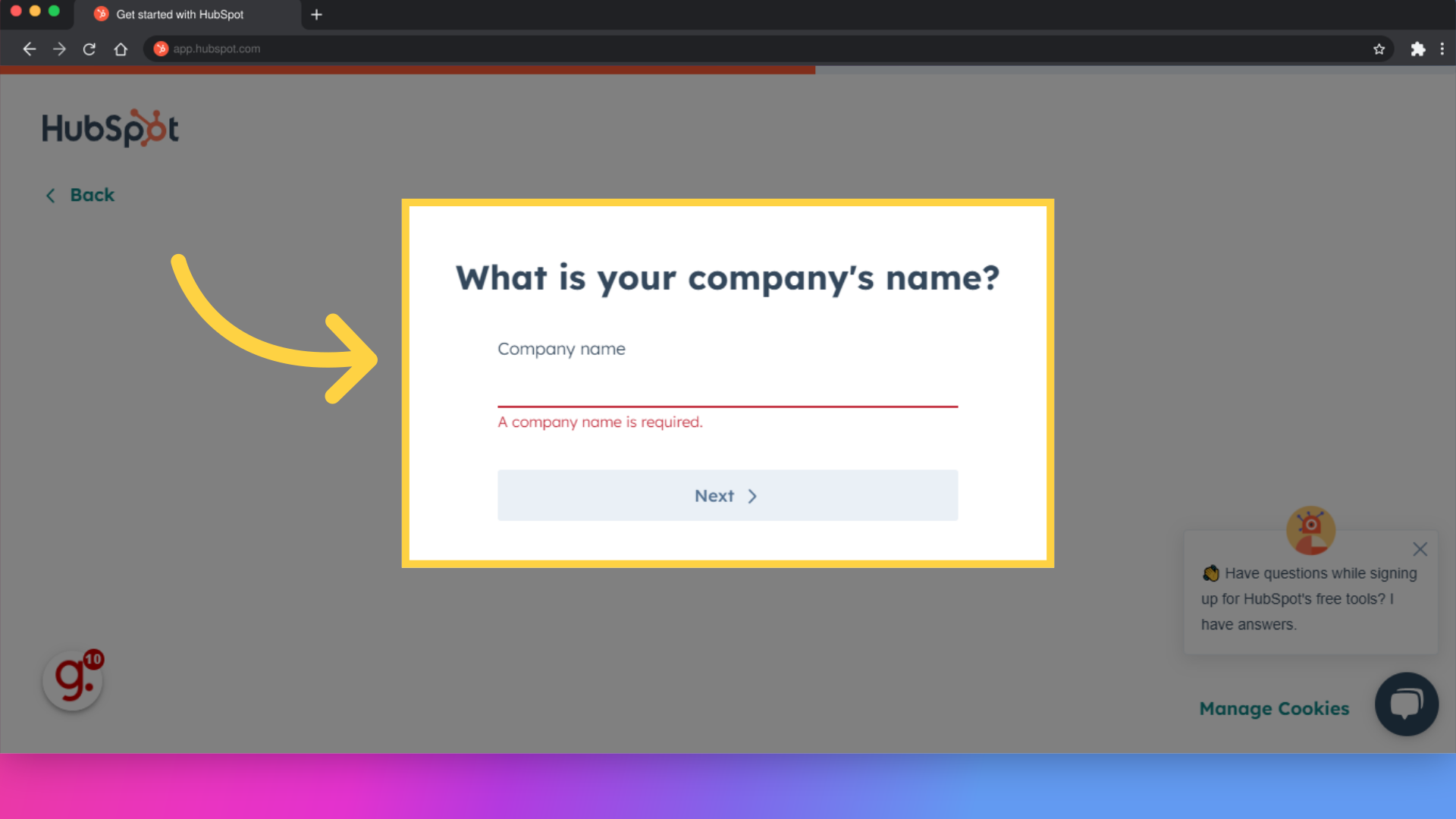 Click 'What is your company's name?'