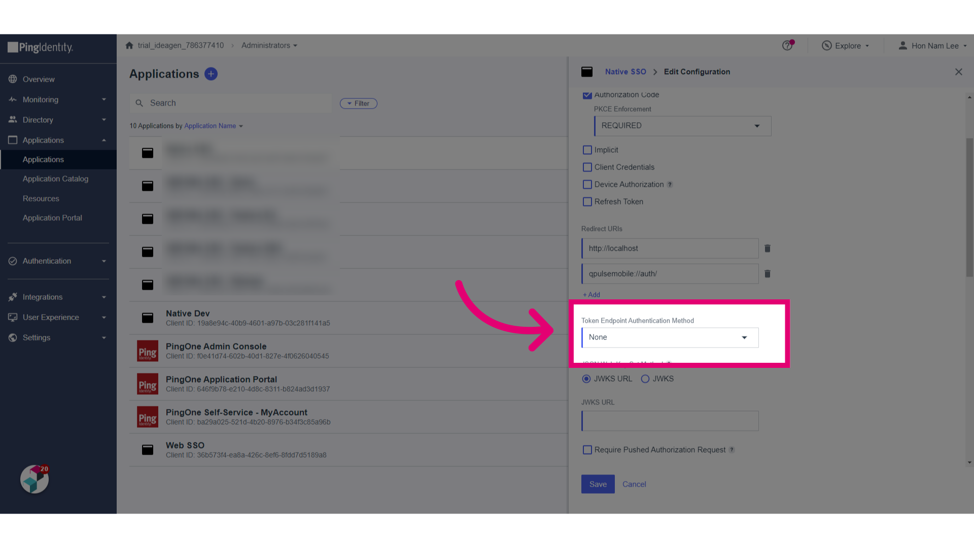 Click 'Response TypeCodeTokenID TokenGrant TypeHelp IconAuthorization CodePKCE EnforcementPKCE Enforcement REQUIRED Menu downImplicitClient CredentialsDevice AuthorizationHelp IconRefresh TokenRedirect...'