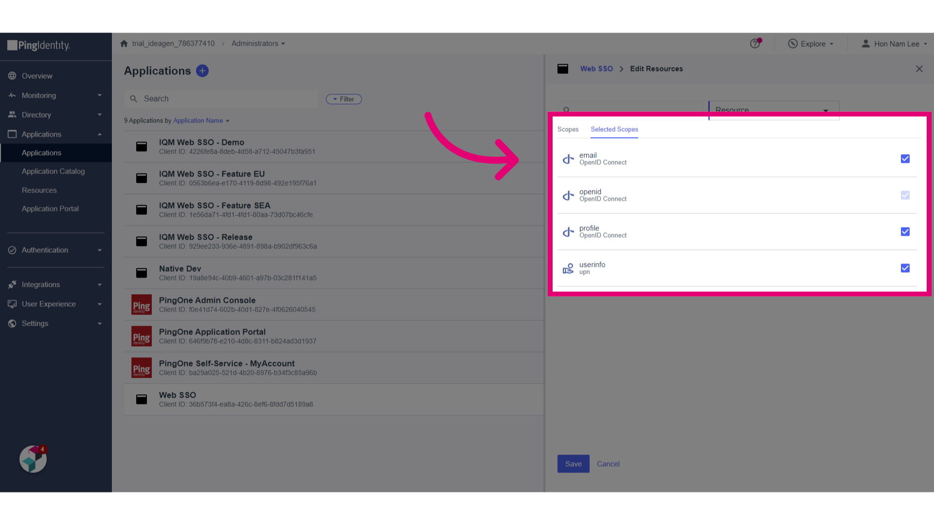 Verify selected scopes