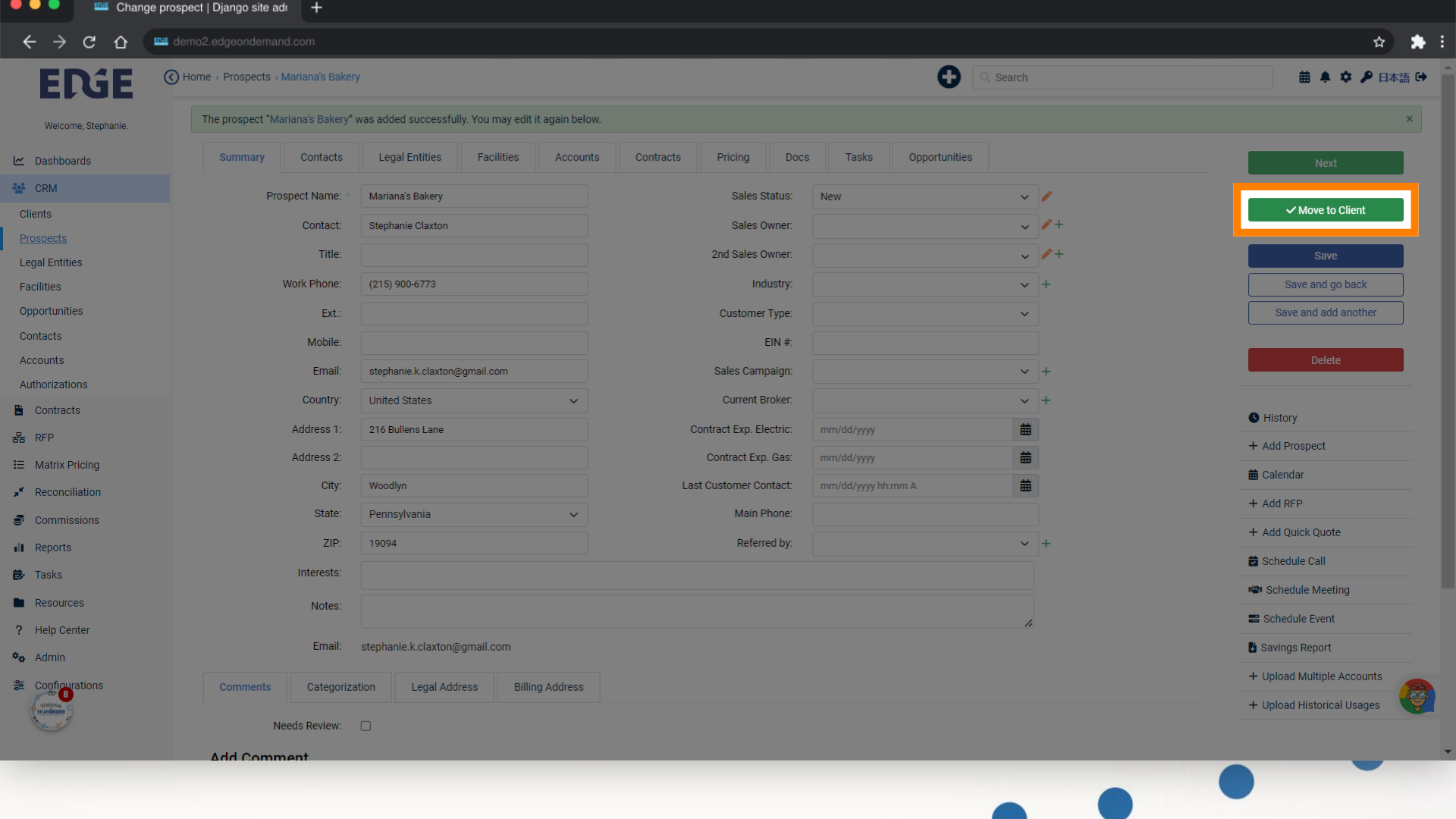 Once a deal is made with the prospect, use the 'Move to Client' to easily move all prospect data to the Client section of the CRM