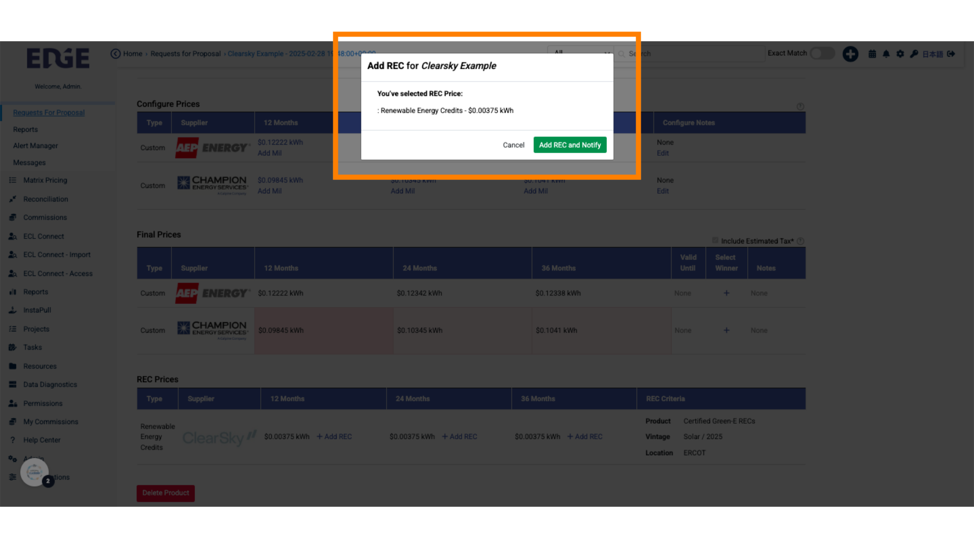 Confirm you want to add the REC and notify the REC supplier, Clearsky