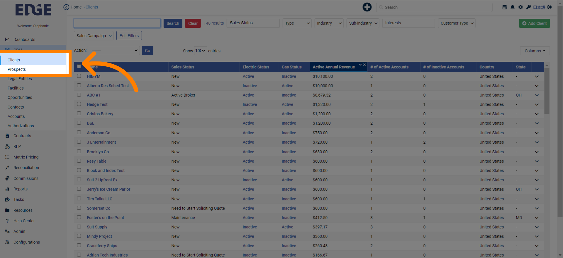 Click 'Clients' or 'Prospects' depending on what phase the entity being added is in