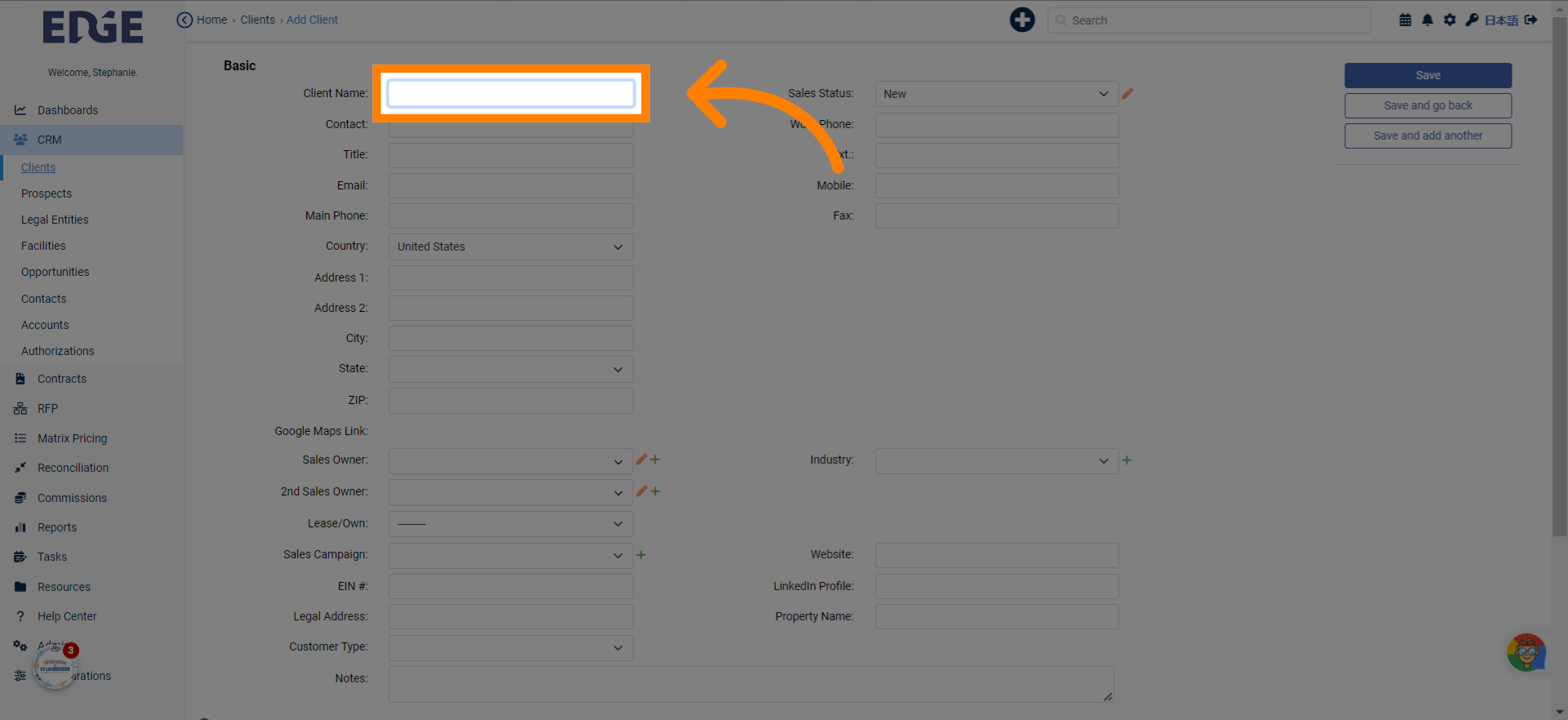 Enter a 'Client/ Propsect Name'