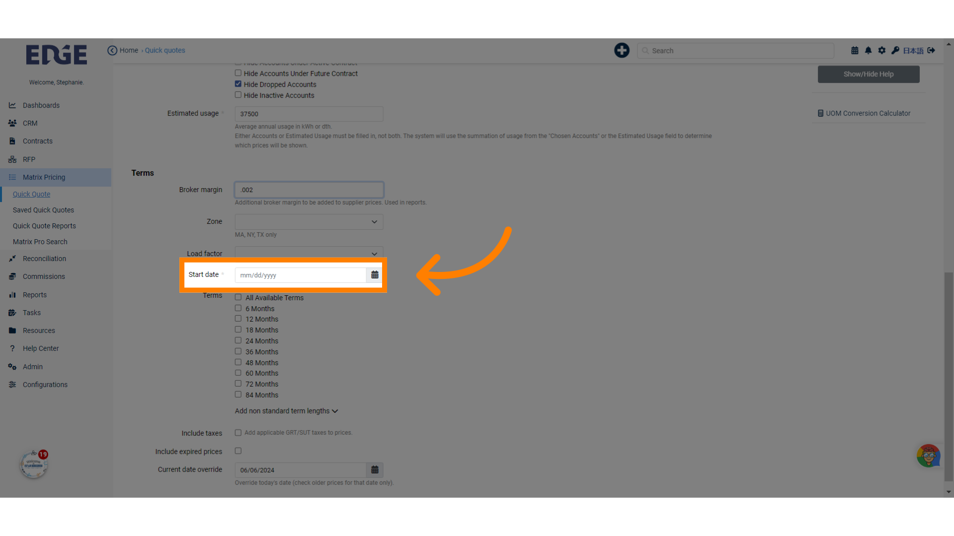 Select the Start Date for the quote scenario