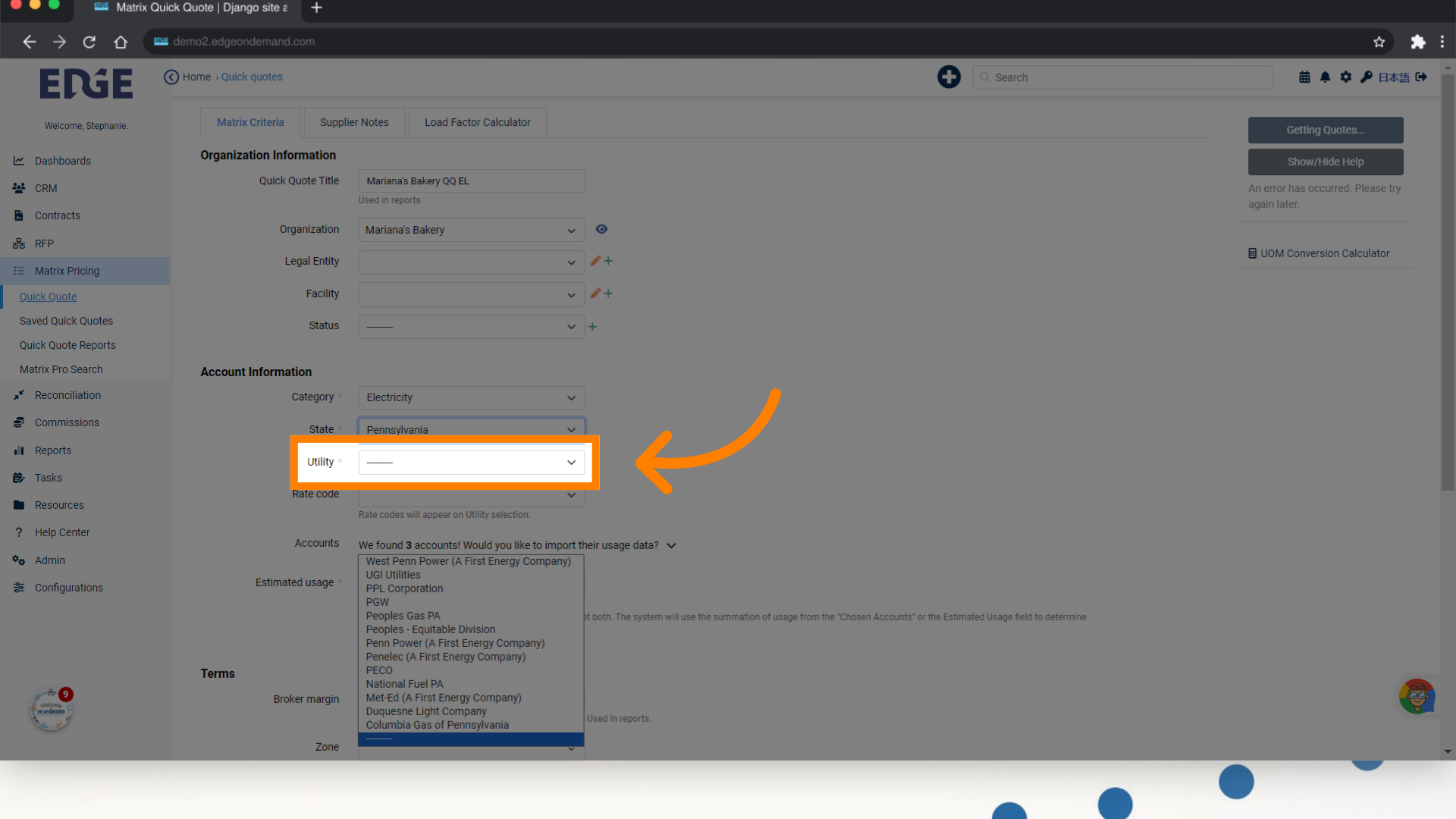 Select the Account(s) utility