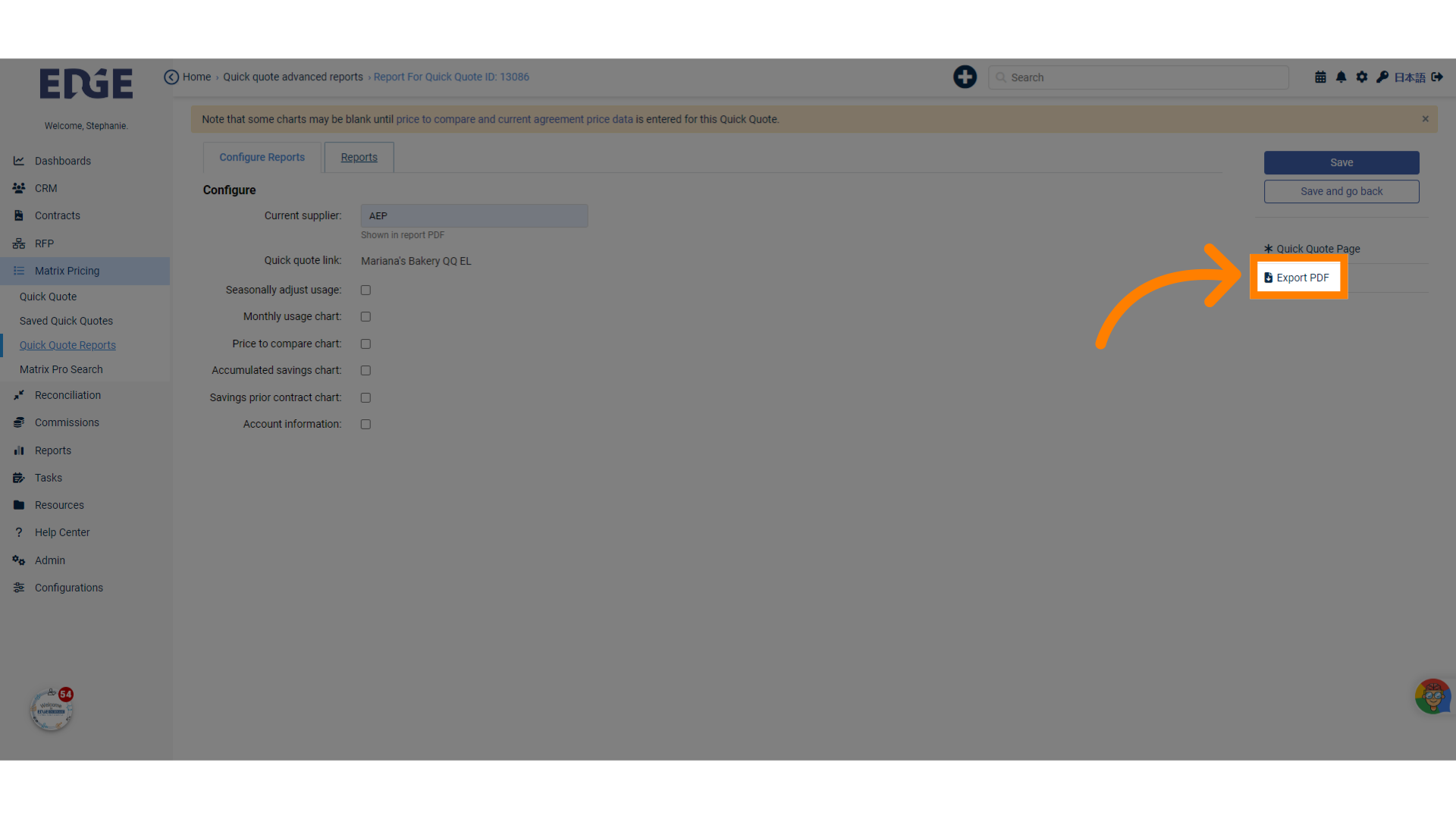Click the 'Export PDF' button to preview your selected charts and download