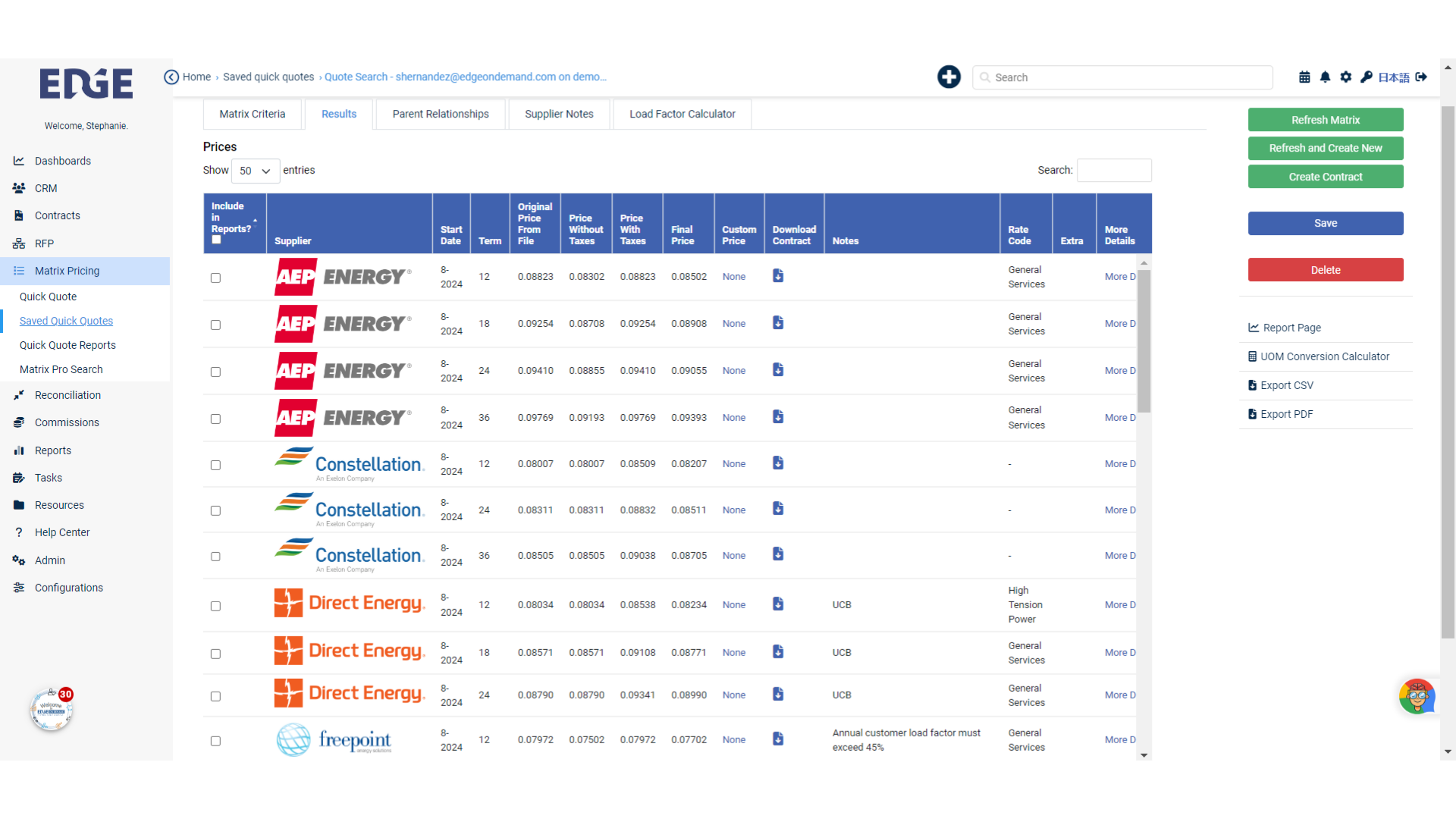 Results page will display all relevant supplier pricing for the scenario input. If a supplier is not available, you may need to request access to that supplier's pricing.