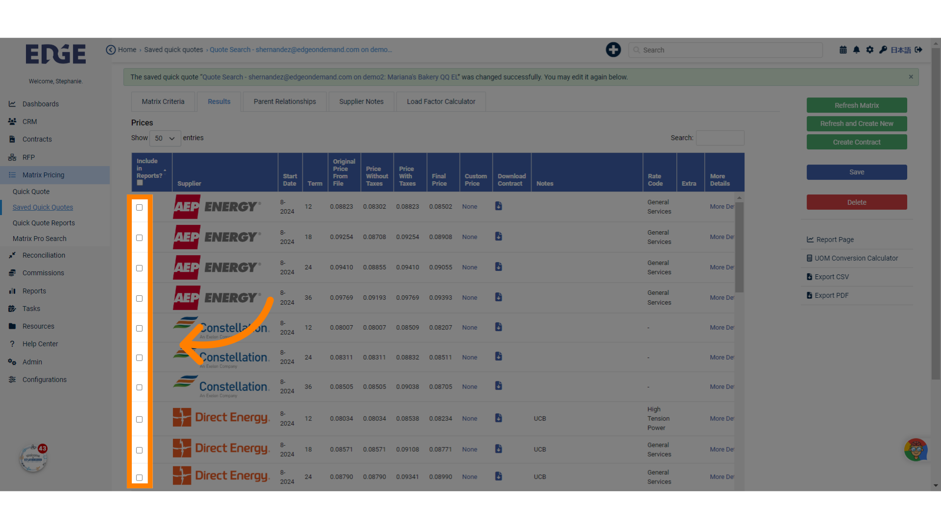 Or select individual prices to be displayed on the export
