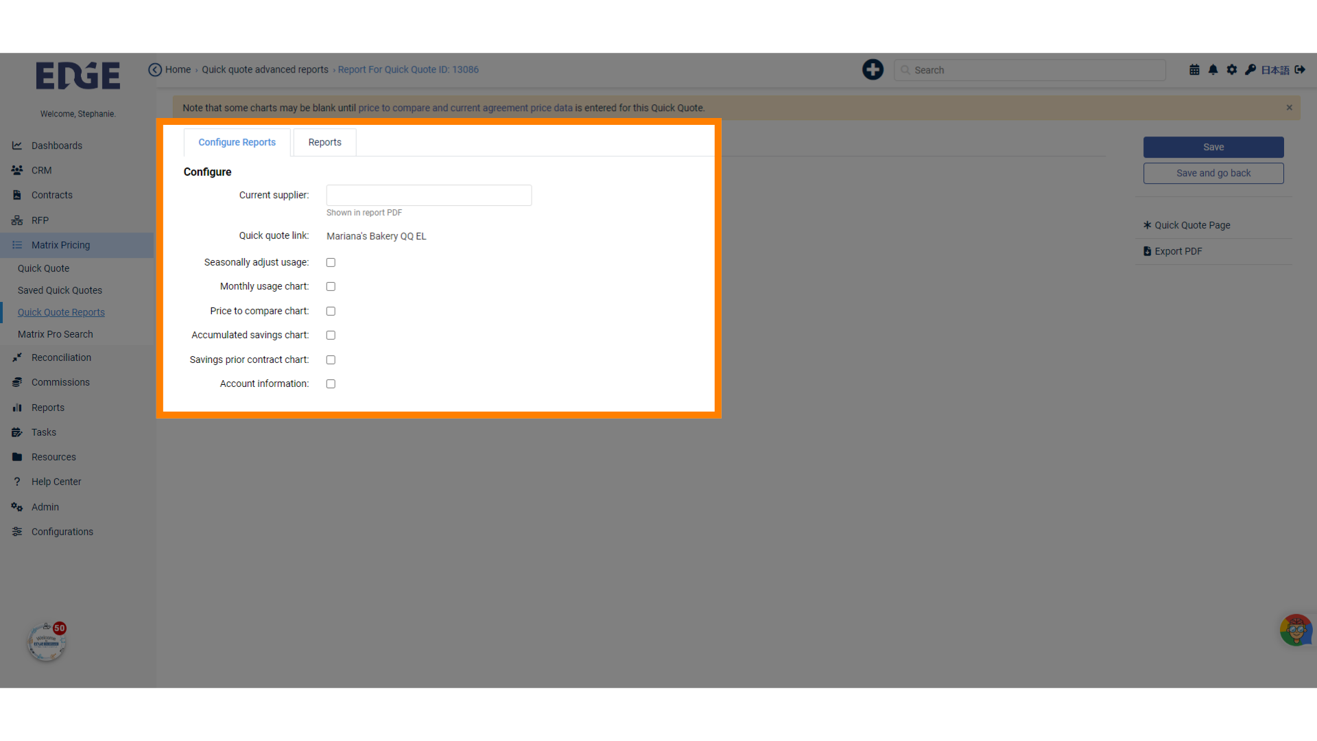 The 'Configure Reports' tab is where you'll select what charts/ information to include in your client-facing document