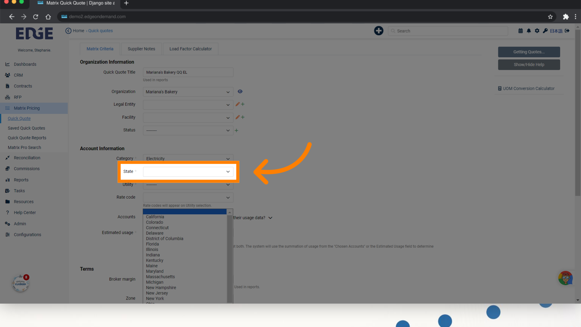 Select the state associated with the Accounts' utilities